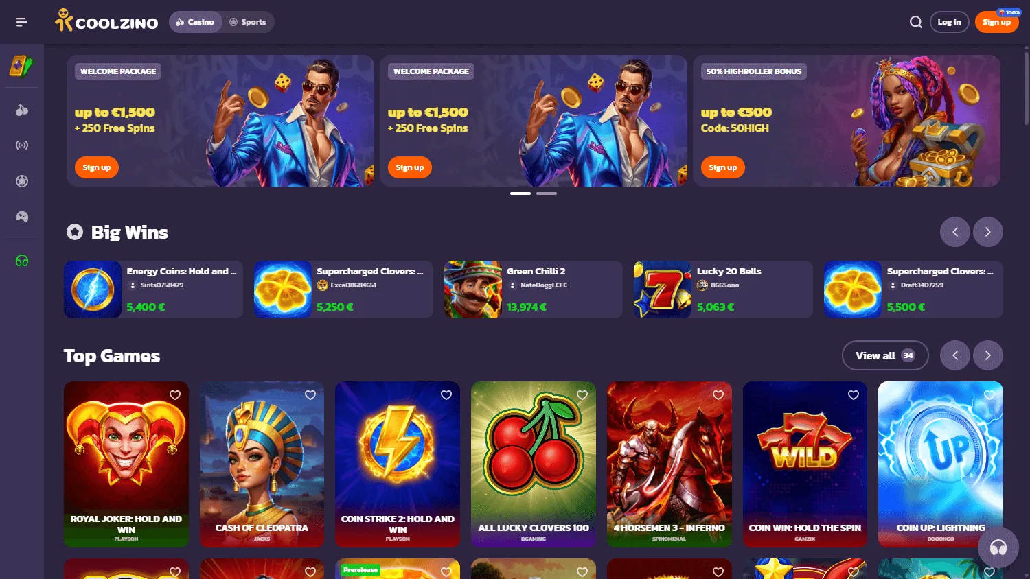 Coolzino Casino desktop home screen with casino offers and account access