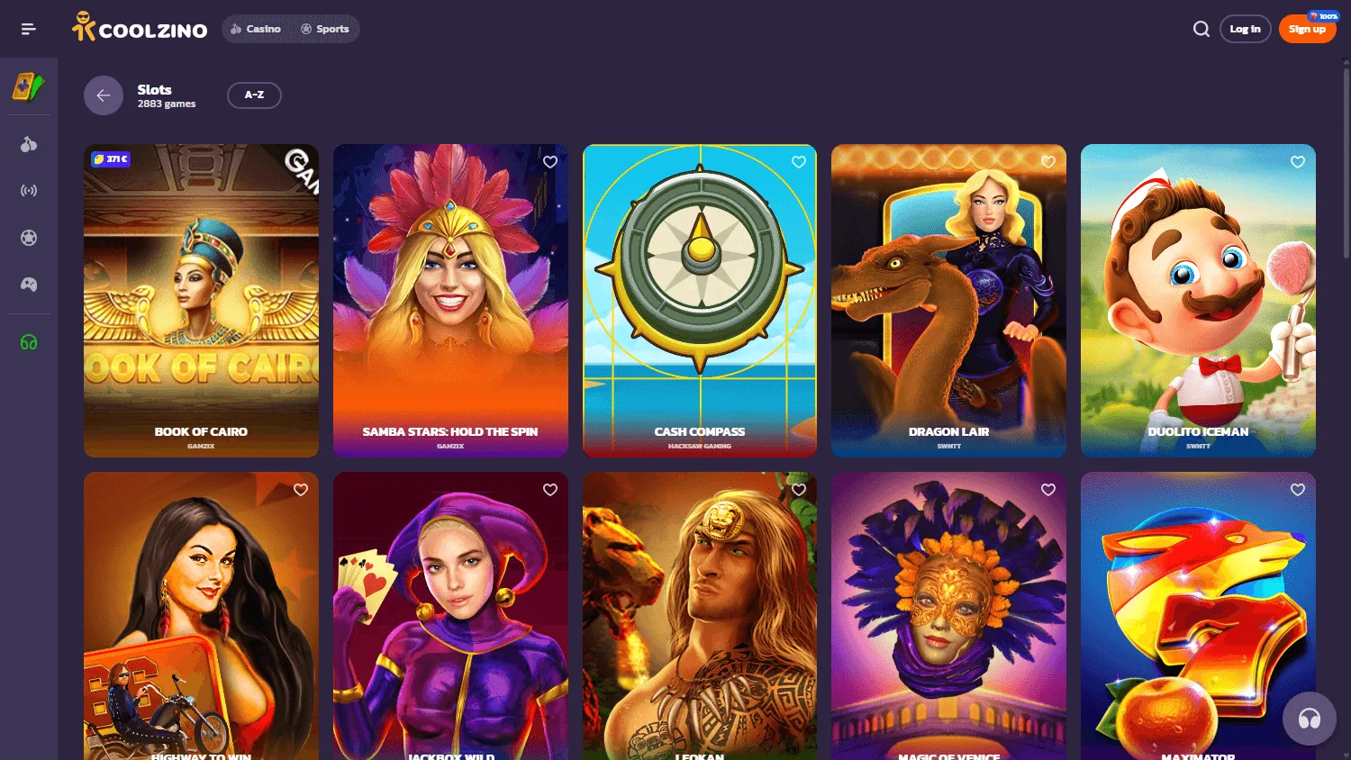 Coolzino Casino desktop games lobby with slots and live casino categories