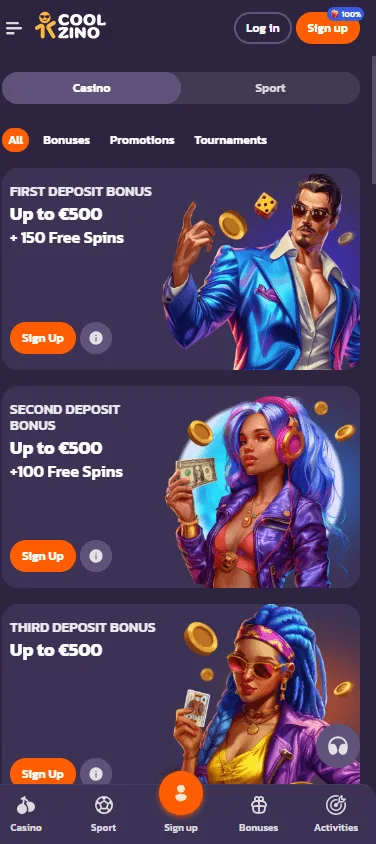 Coolzino Casino mobile promotions area with bonus offers