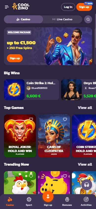 Coolzino Casino mobile home screen on a smartphone