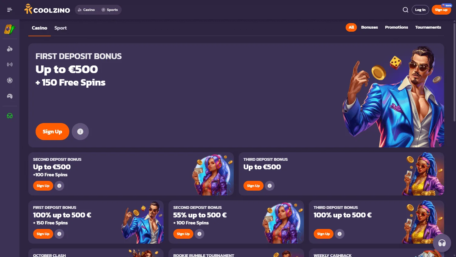 Coolzino Casino desktop promotions area with bonuses and tournament offers