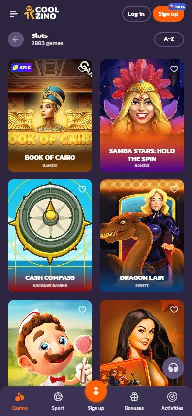Coolzino Casino mobile games lobby with casino titles and categories